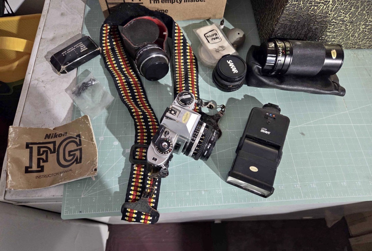 Vintage Nikon FG 35mm Film Camera Bundle w/ Lenses , Flash, Strap & Instructions