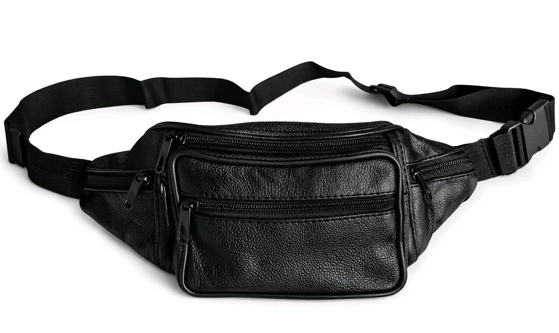 Genuine Pu Leather Fanny Pack Multi Zippered Waist Bag Hip Belt Purse Black