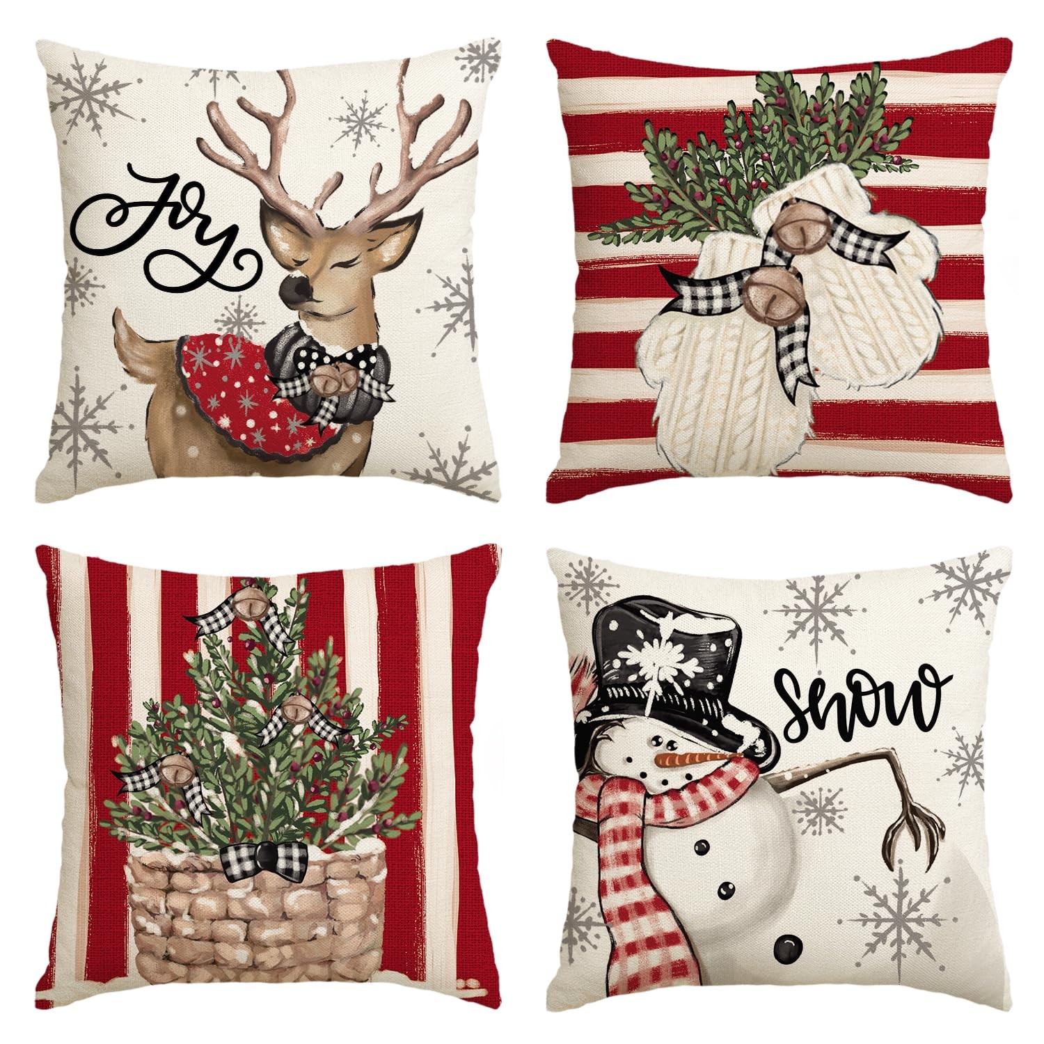 Christmas Decorations Snowman Reindeer Snowflakes Pillow Covers 4PCS 18"x18"