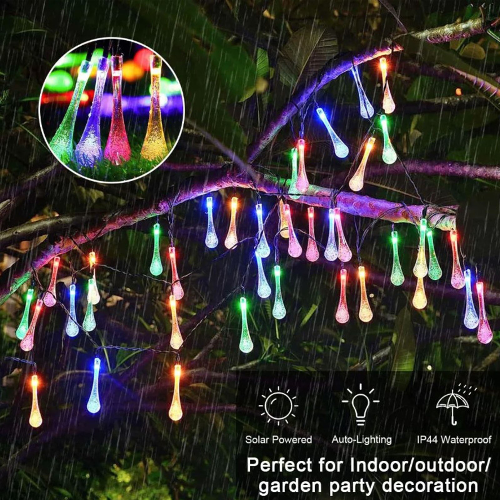 (7m)50LED Solar String Lights IP65 Waterproof Multicolor Water Drop Fairy US