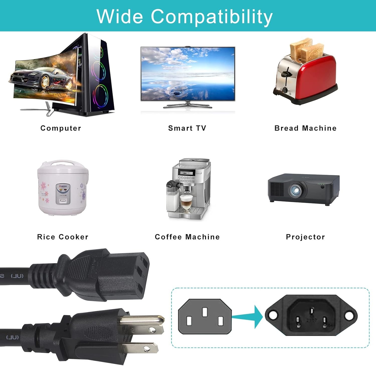 12FT Computer Monitor Replacement Power Cord -Black Long Standard 12FT, Black