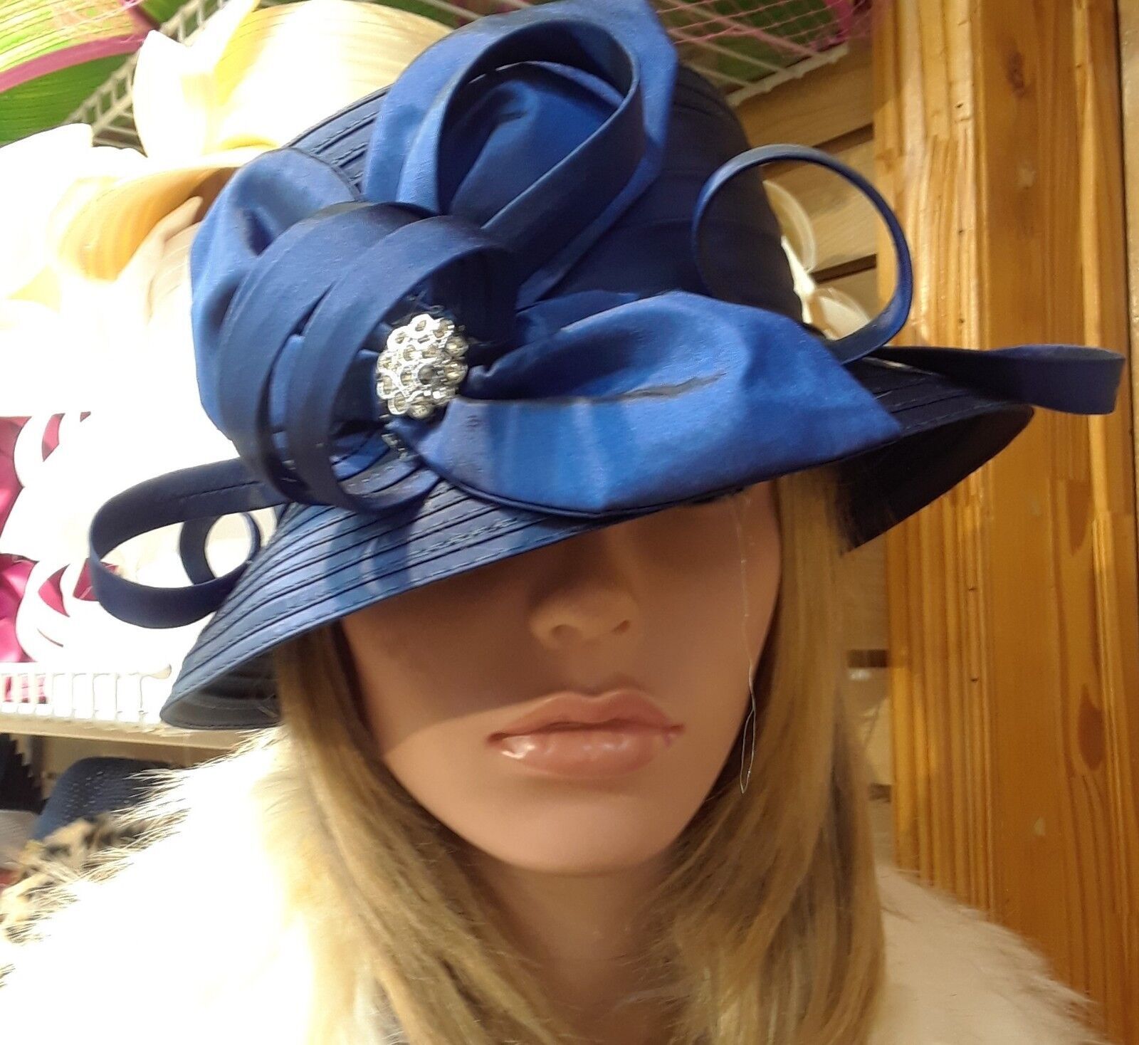 Crystal Bow Ribbon Kentucky Derby Wedding Hat Church Wide Brim Dressy Cocktail