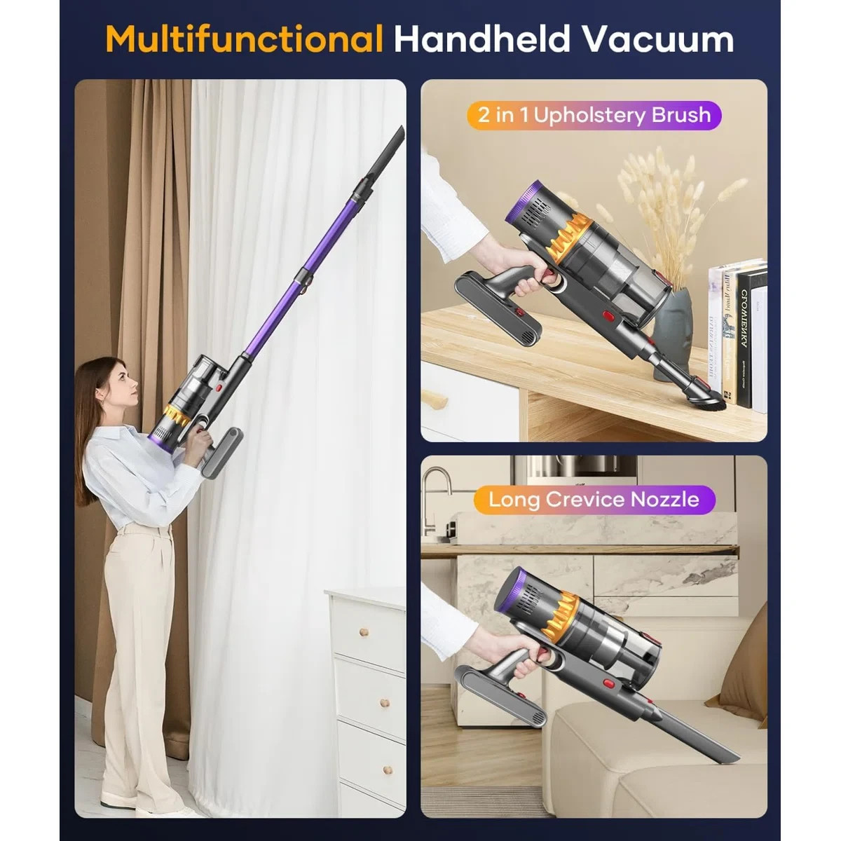 V18-Cordless Stick Vacuum - 45Kpa Suction, Smart Auto Mode, 65 Min Runtime -
