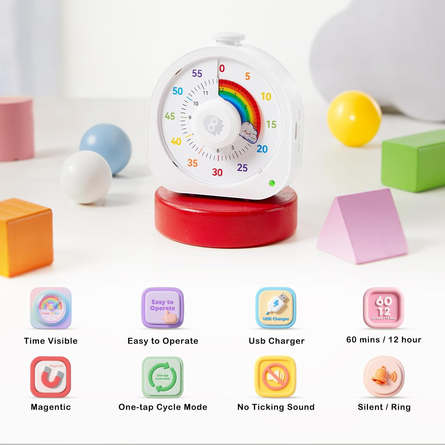 Visual Timer for Kids – 60Min/12H Rainbow Magnetic Timer for Classroom, Recharge