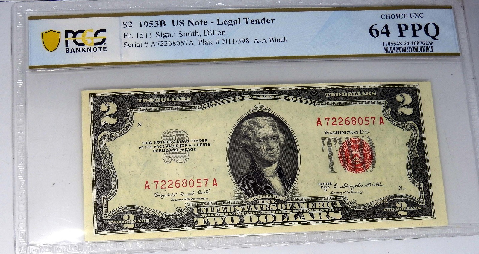 1953 Choice Unc $2 TWO DOLLAR U. S. NOTE BILL RED SEAL 64 PPQ PCGS Smith Dillon