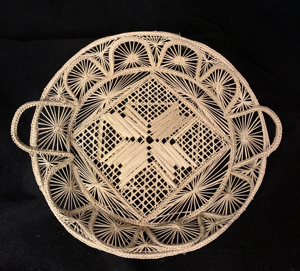 Vintage Woven Round Basket with Handles 10.5” across x 2.75” tall Detailed
