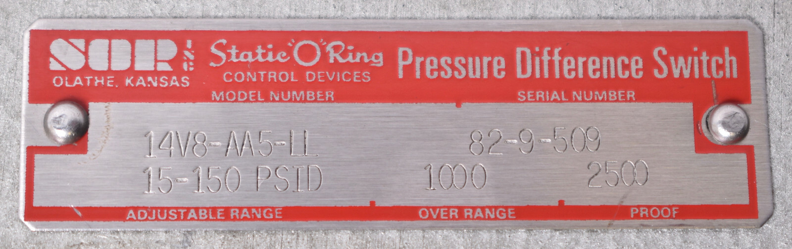 SOR Static O Ring Pressure Difference Switch 14V8-AA5-LL