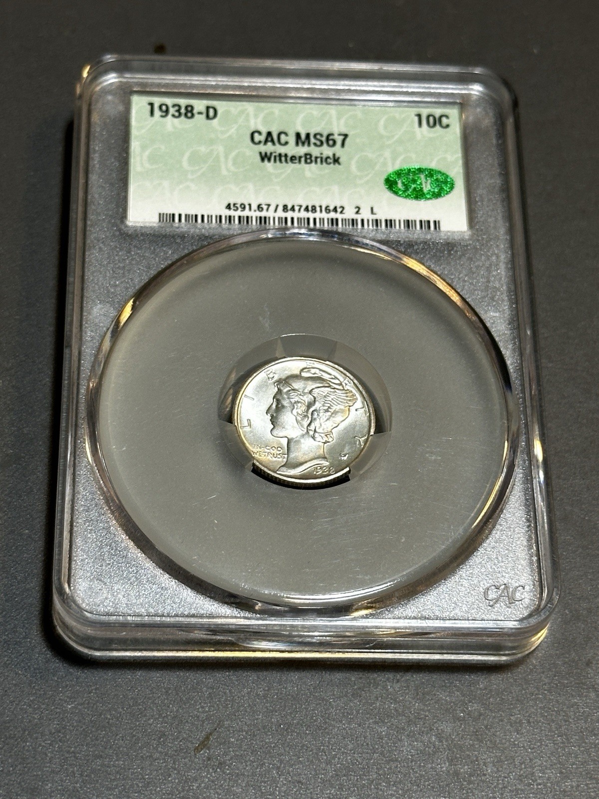 1938-D Mercury Silver Dime MS67 CACG WitterBrick