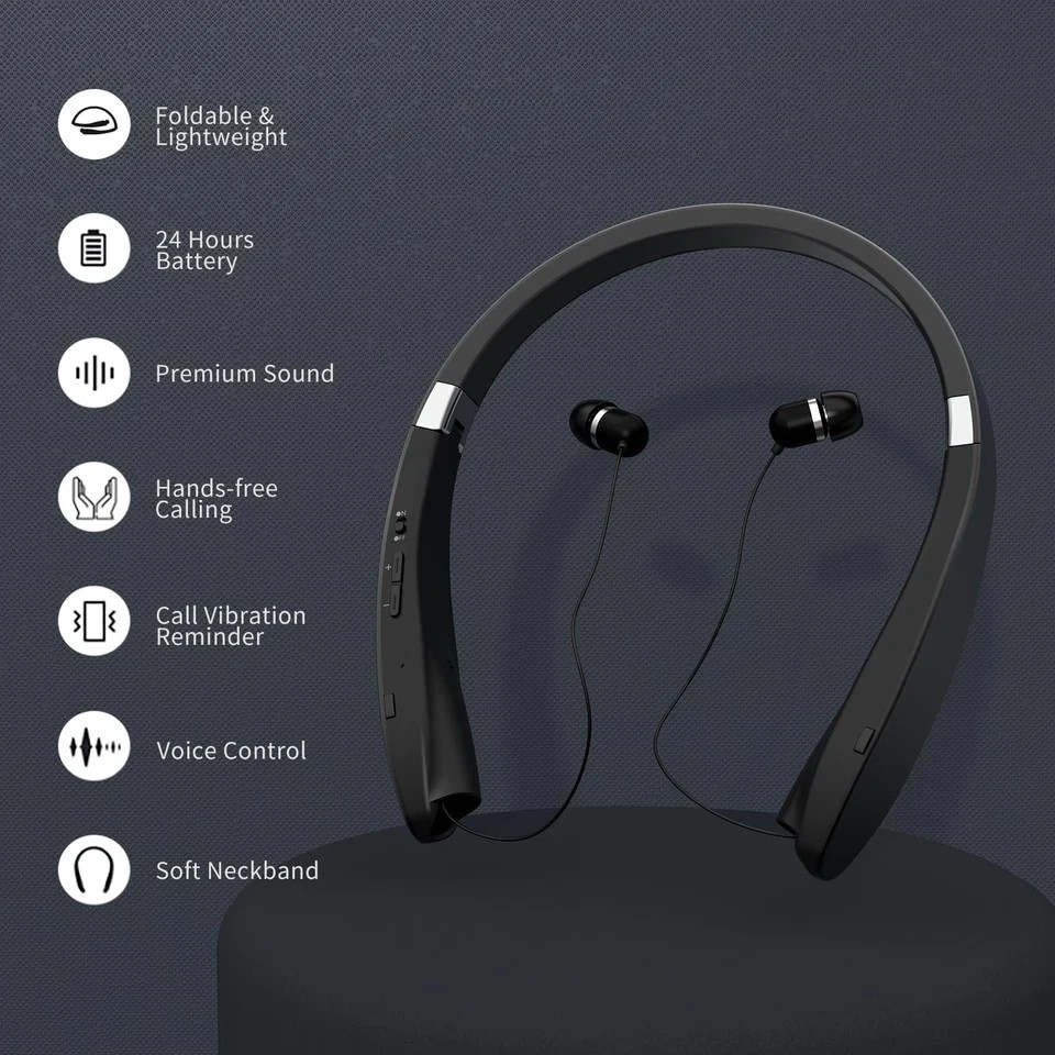 Bluetooth Neckband Headphones Foldable Wireless Lightweight Neck Headset wit