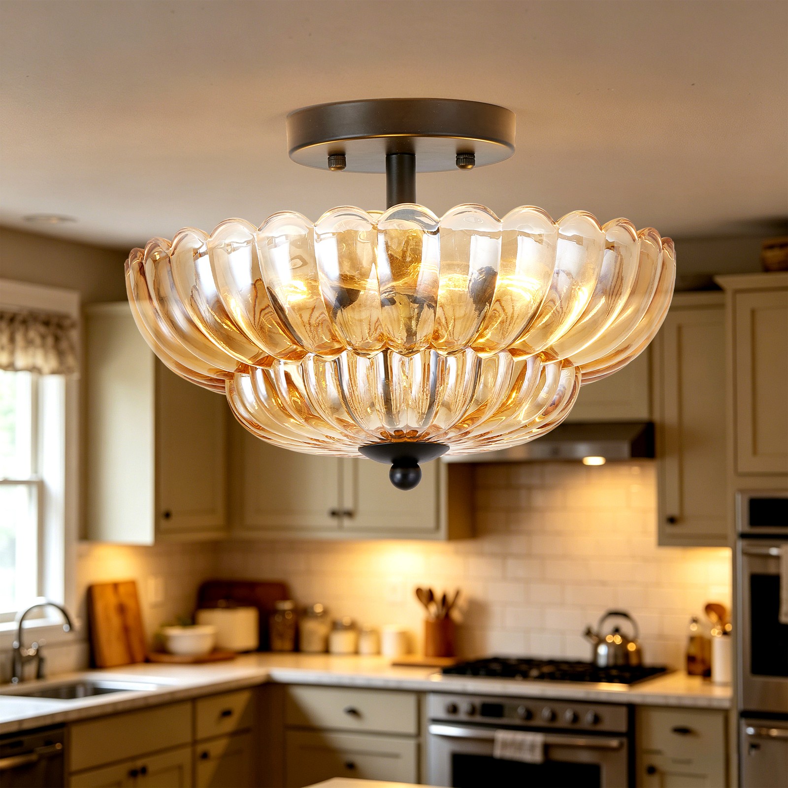 12" Vintage Amber Glass Ceiling Light Semi Flush Mount Fixture Entryway Bedroom