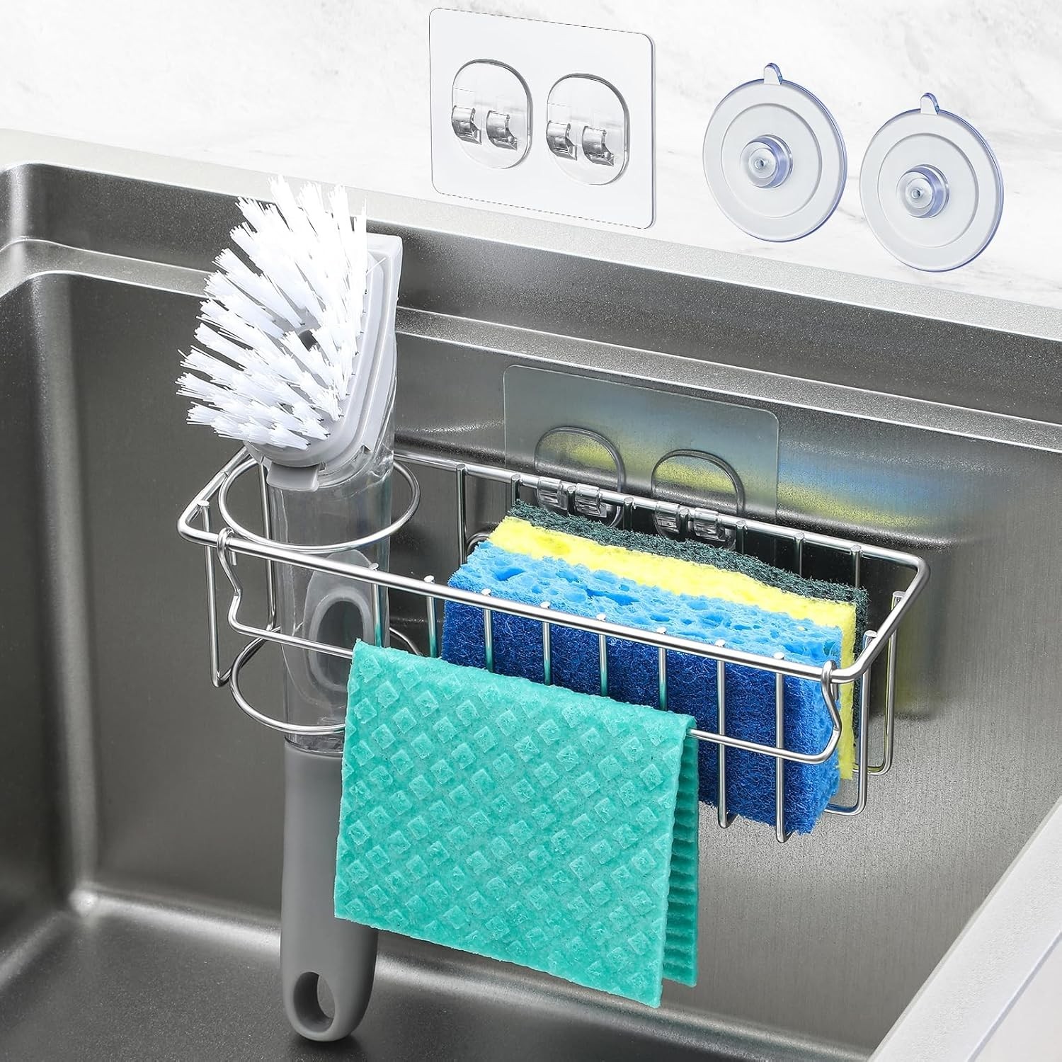 3-In-1 Sponge Holder Kitchen Sink W/ Suction Cups & Adhesive Hook In-sink Sponge