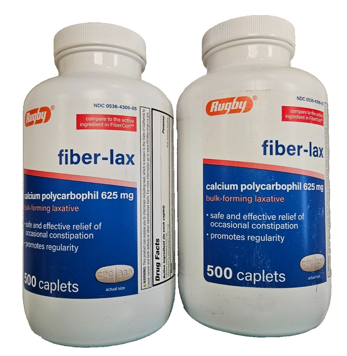 Rugby Fiber-Lax 625mg Bulk Forming Laxative 500 ct ( 2 pack ) ^^ NEW LOOK!