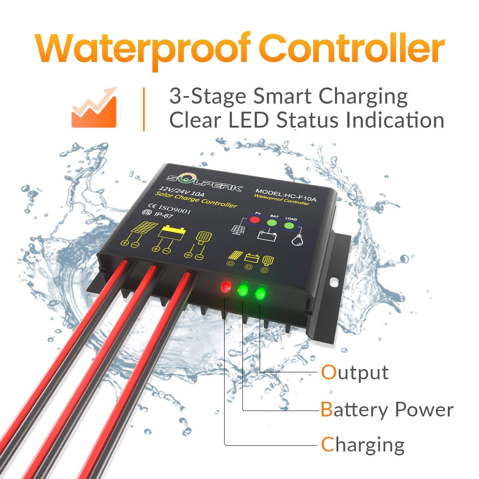 10A Solar Charge Controller Waterproof Solar Panel Controller 12V/24V PWM Sol