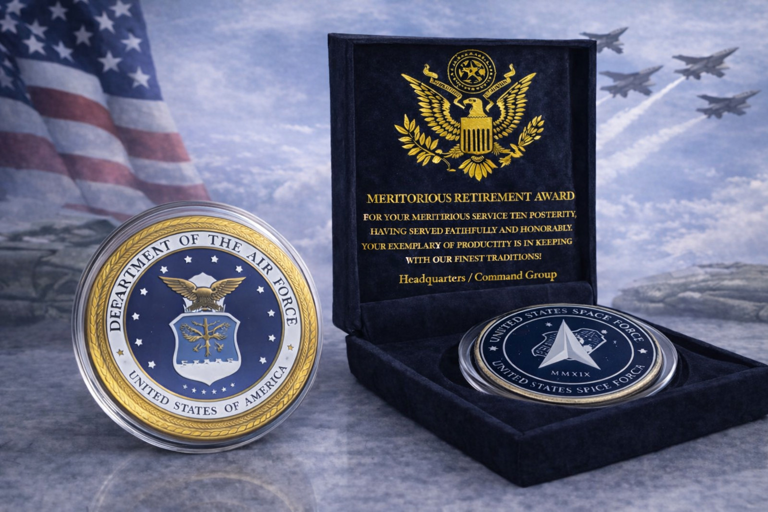US SPACE FORCE DEPARTMENT OF THE AIR FORCE CHALLENGE COIN w/ Retirement Award