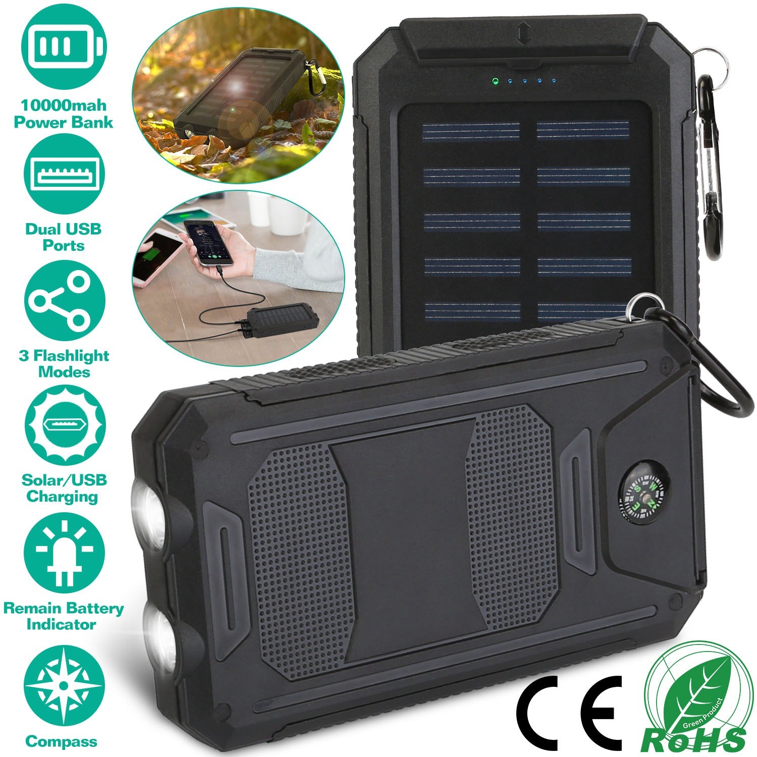 Portable Solar Power Bank 10000mAh Portable Phone Charger for Outdoor Emergency