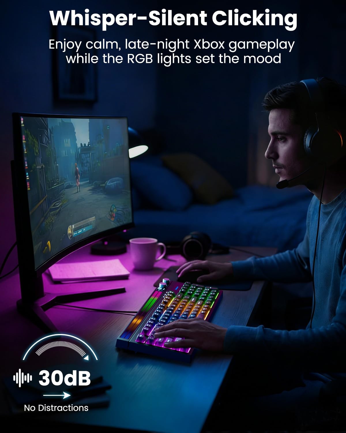 Quiet Gaming Keyboard with Sound-Sync RGB LED Display, 94-Key Wired PC Gaming Ke