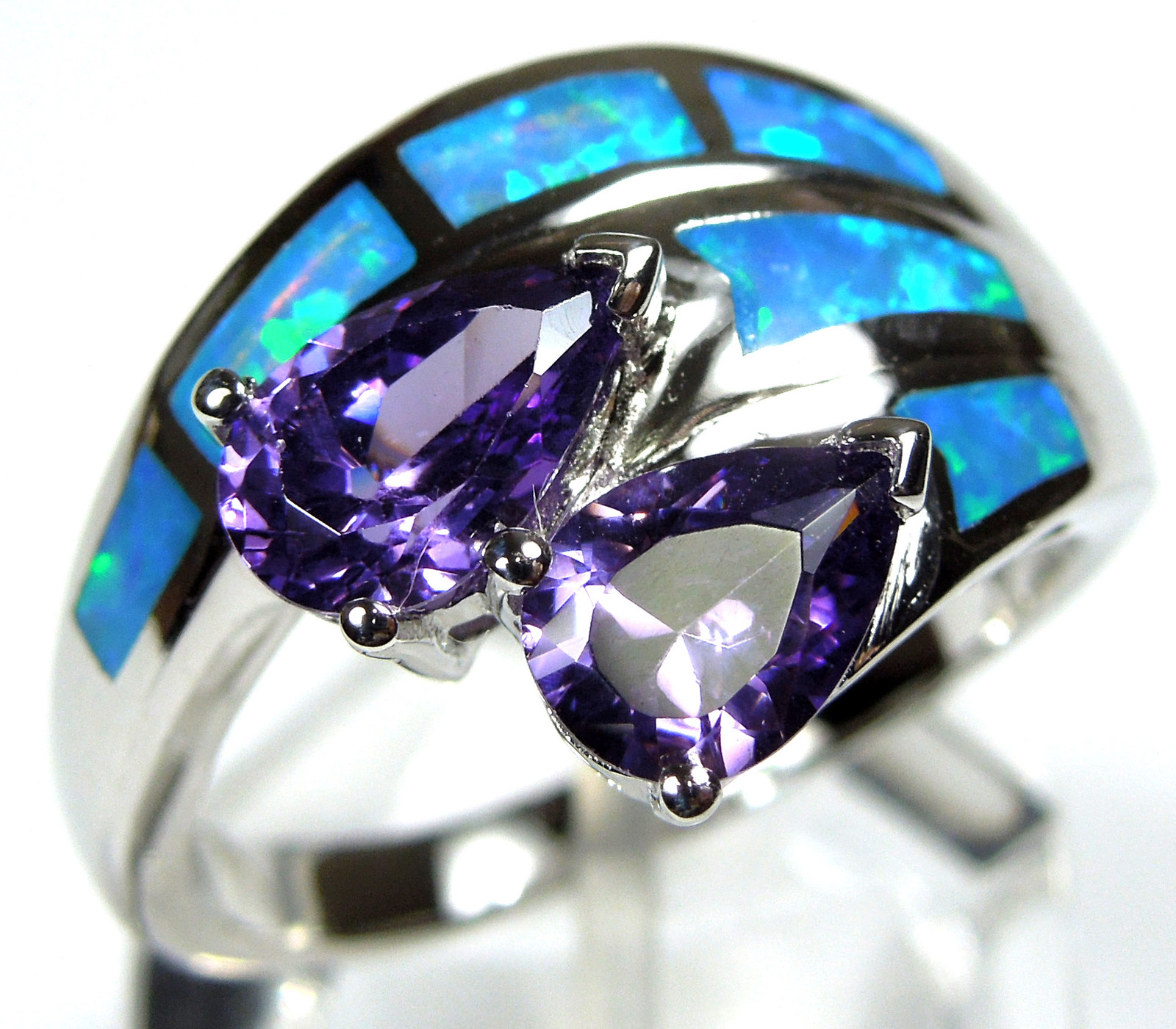 Amethyst and Blue Fire Opal Inlay 925 Sterling Silver Ring size 6,7,8,9,10