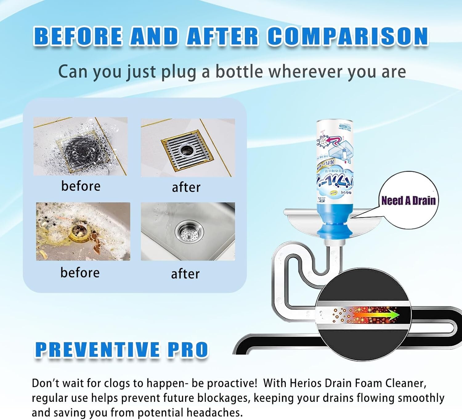 HERIOS Drain Foam Cleaner, Powerful Kitchen Drain, Sinks, Tubs (2PCS)