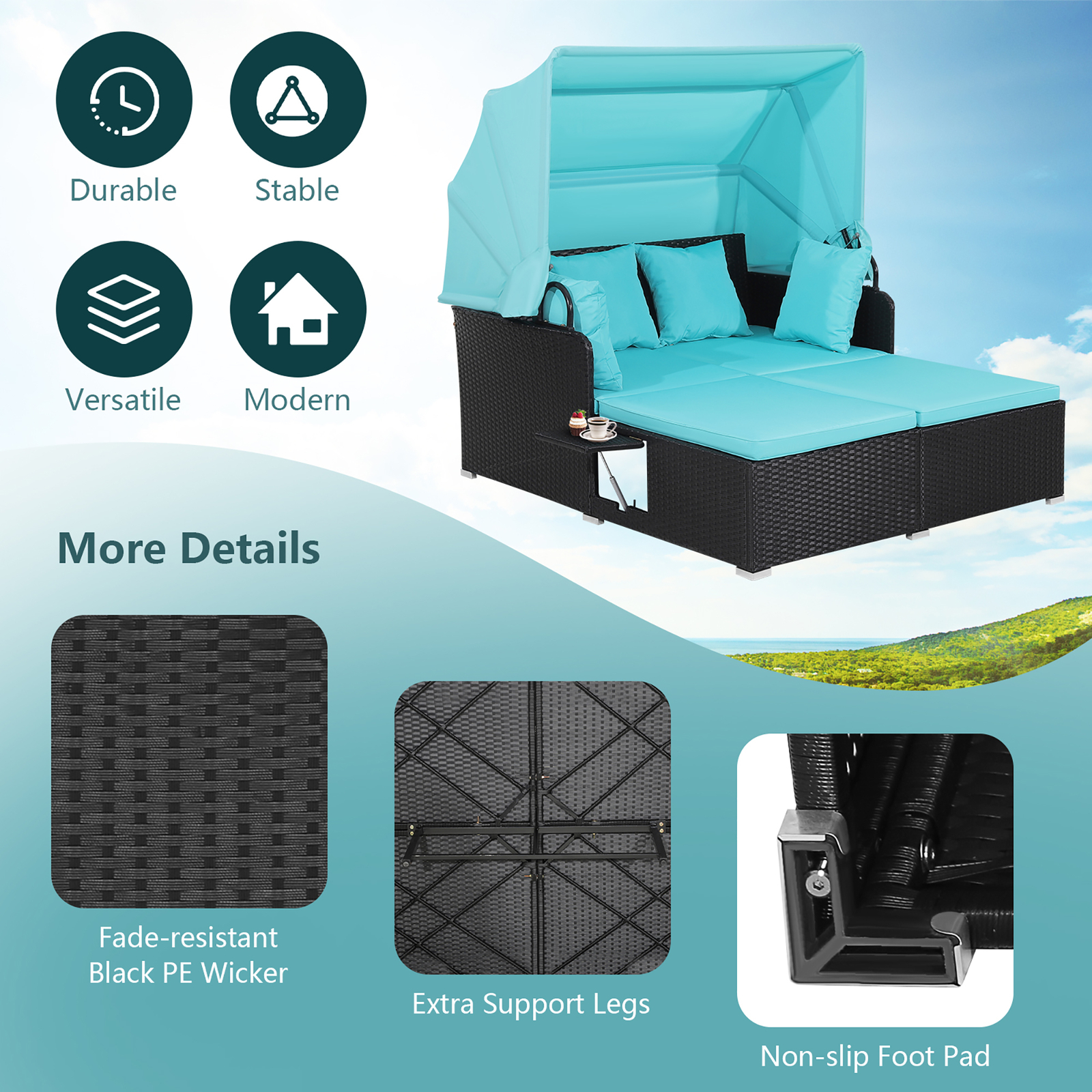 Patio Hand-Woven PE Wicker Daybed Outdoor Loveseat Sofa Set w/Turquoise Cushions