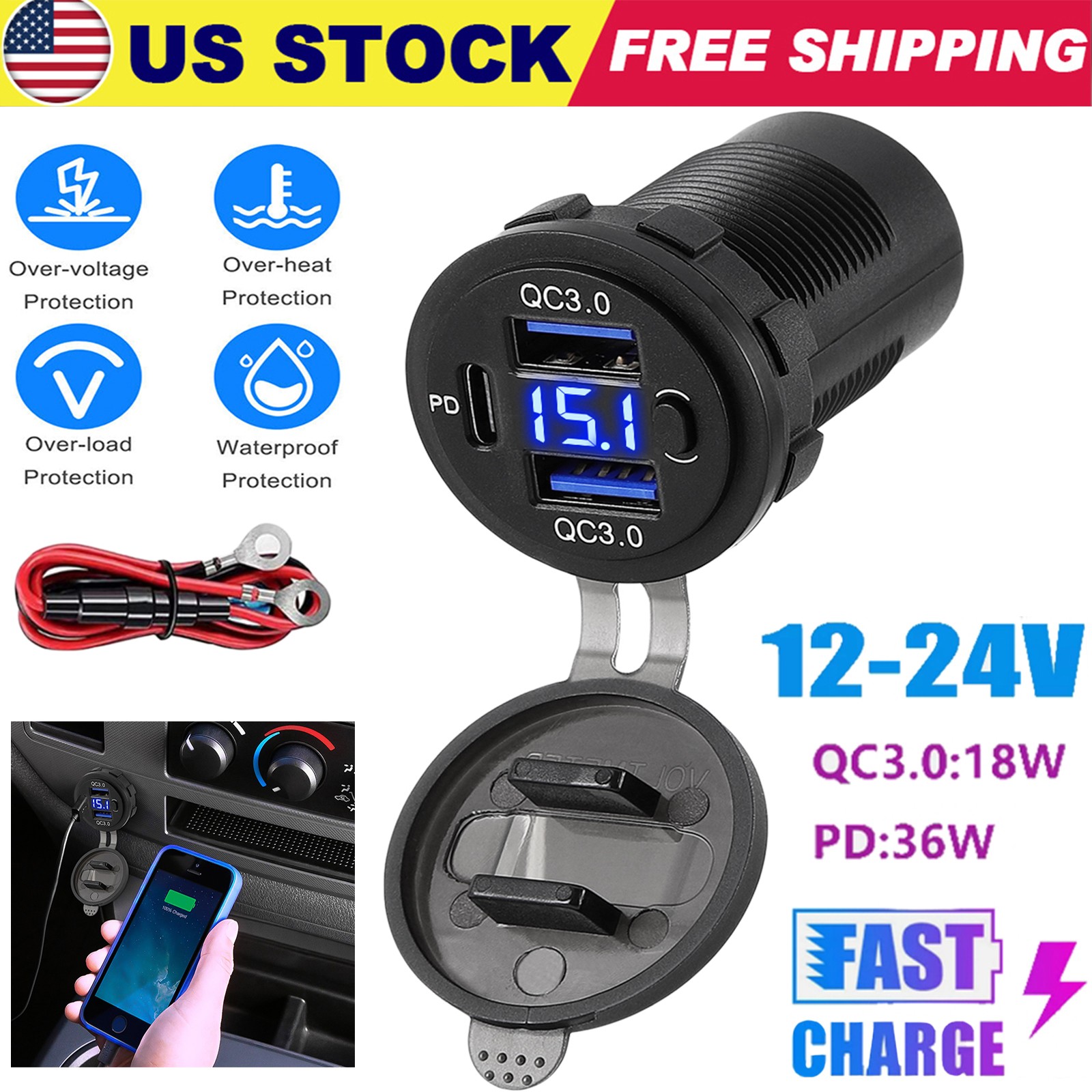 12-24V Dual USB QC3.0 & PD Car Charger Socket with LED Voltmeter for Car Truck