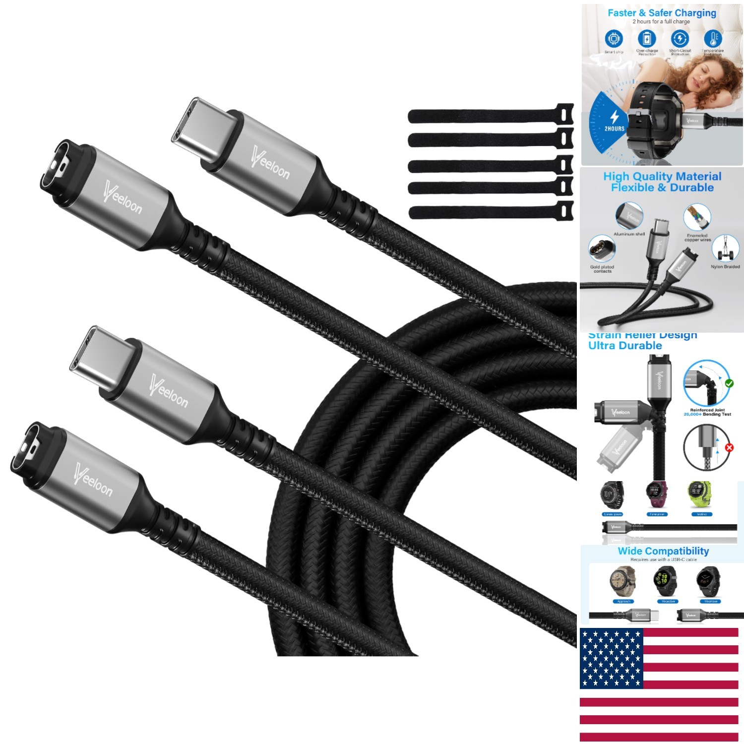 Durable USB-C Charger for Garmin Watch - 2 Pack 1FT Fast Charging Cables