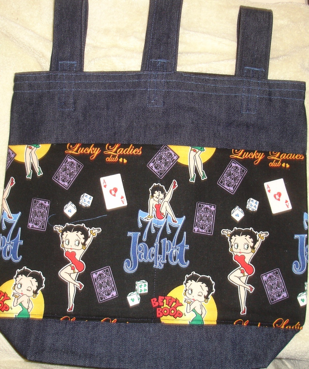 NEW Denim Walker Tote Bag Handmade/w Betty Boop Lucky Lady Fabric