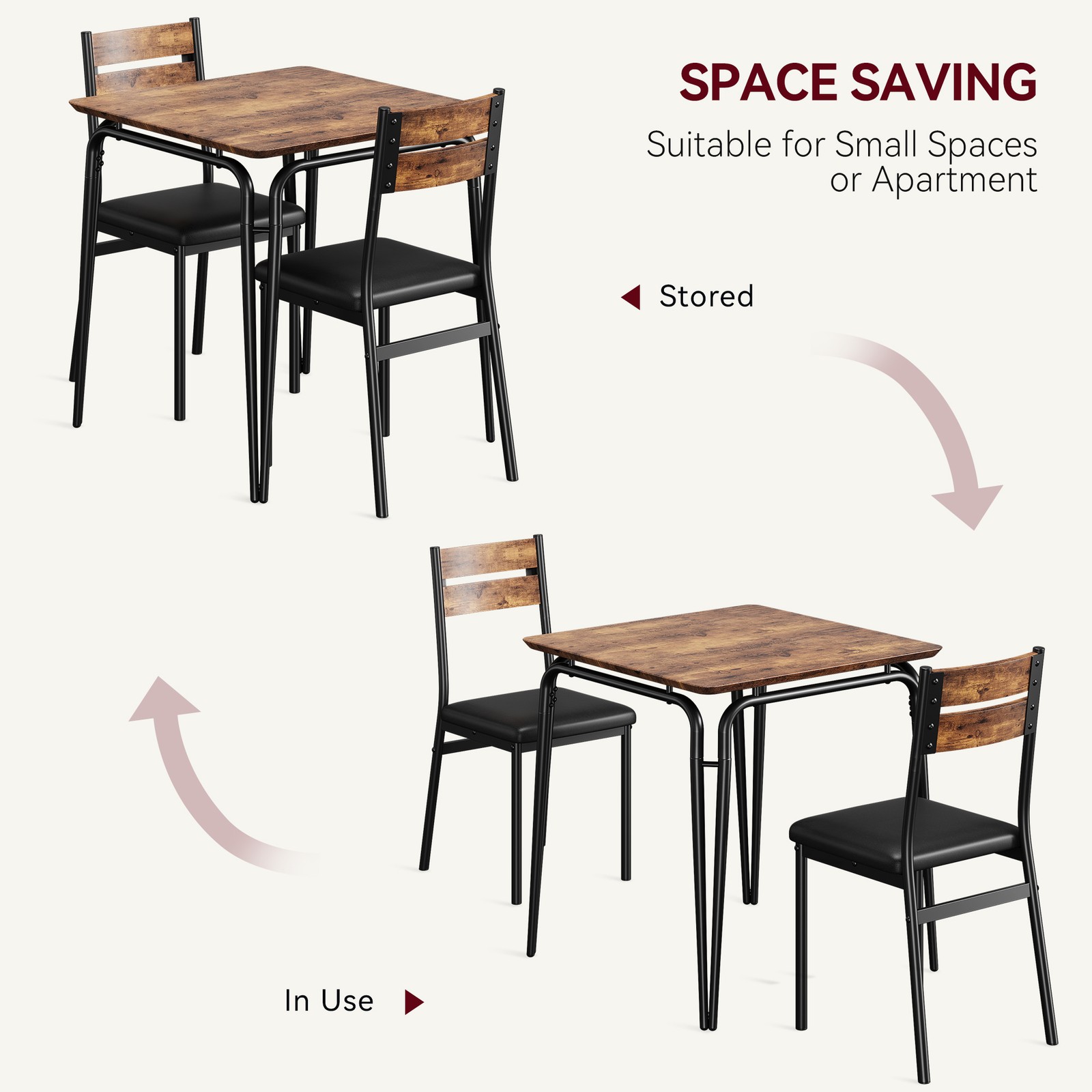 3 Piece Dining Set Gray Black Storage Compact Kitchen Dining Room Square Modern