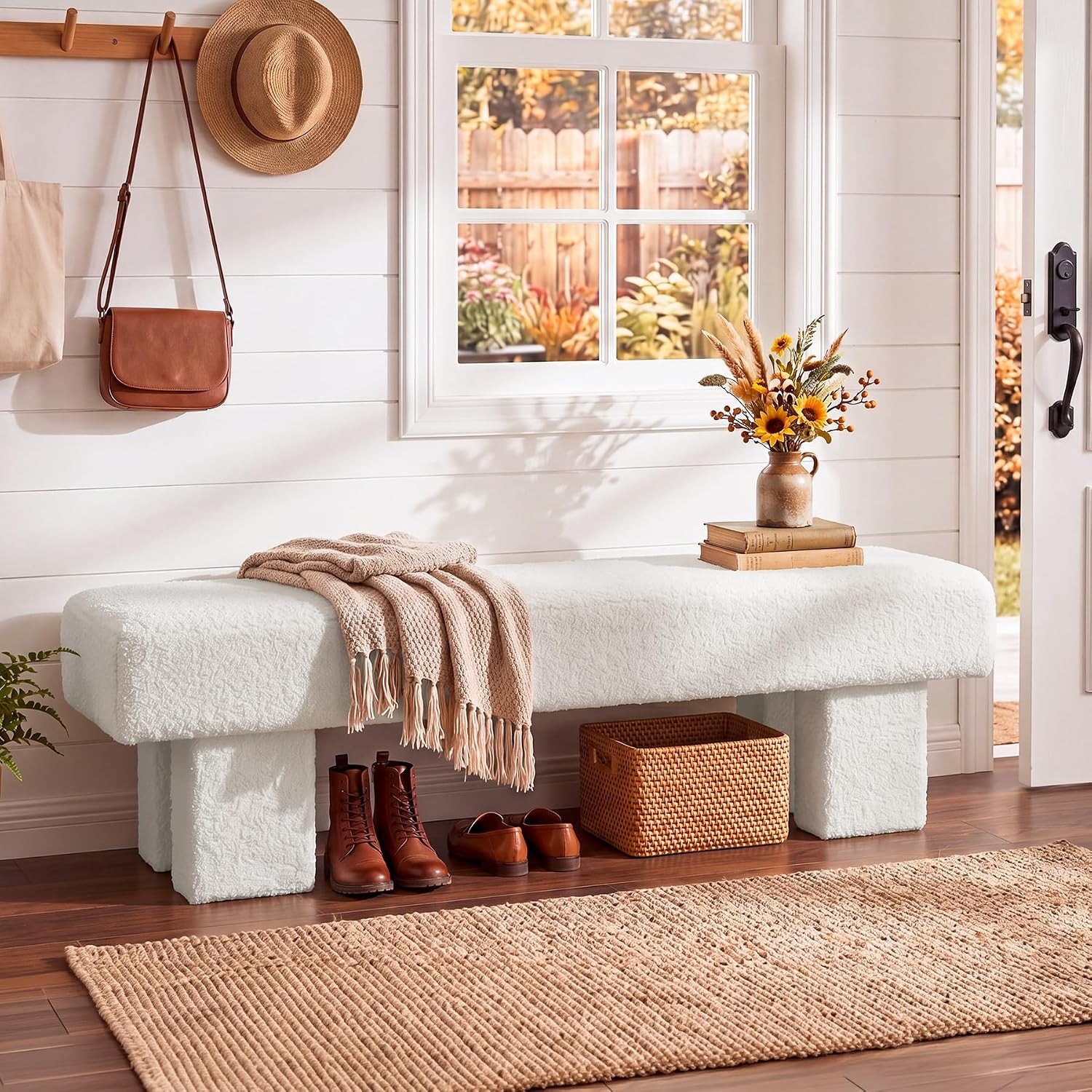 59"  White Upholstered Entryway Bench Modern Long Shoe Bench for Foyer, Hallway
