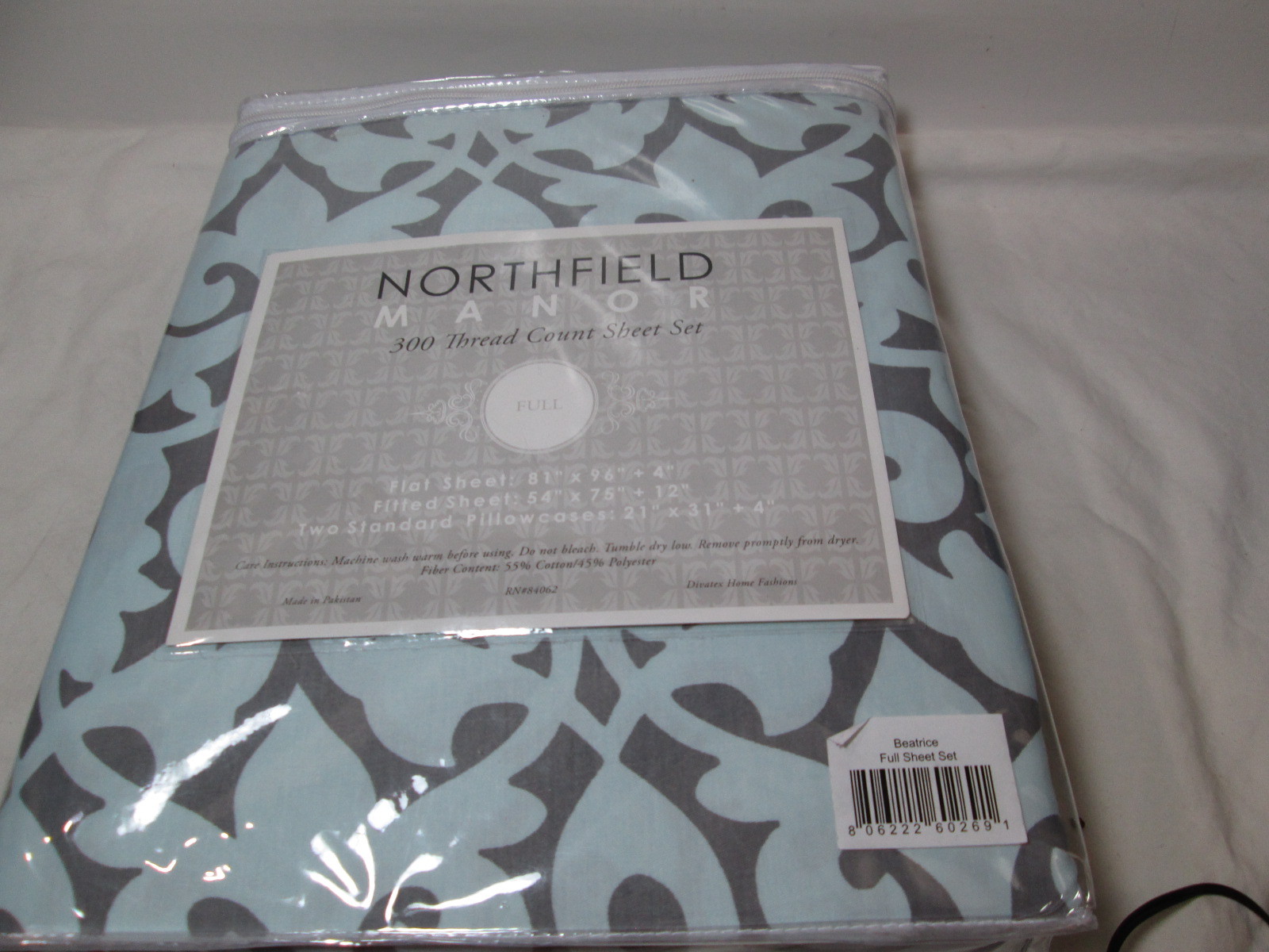 New Northfield Manor BEATRICE Full Sheet Set - Grey and Blue  NIP