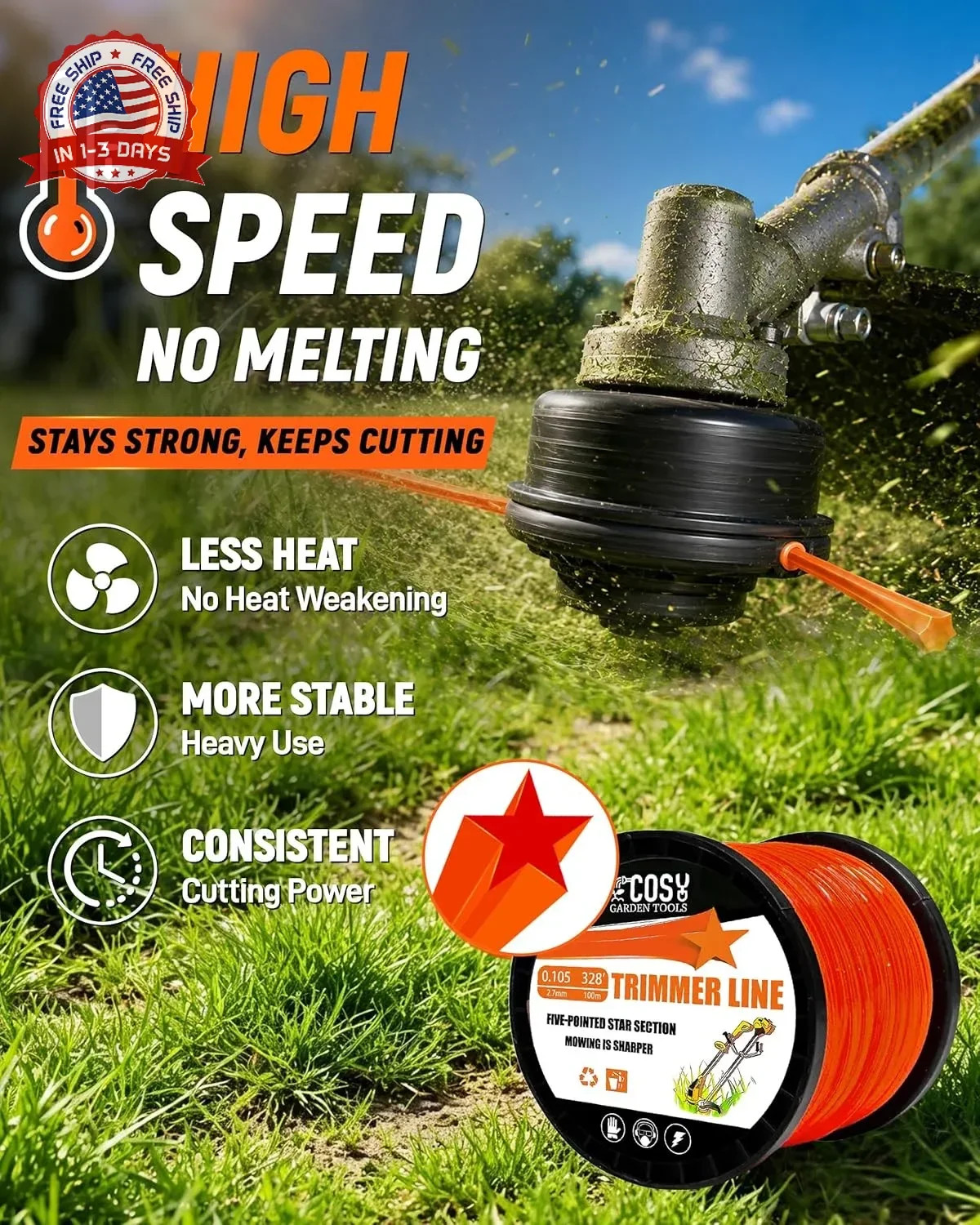 .105" String Trimmer Line, Commercial Grade Orange Pentagon Weed Eater String, P