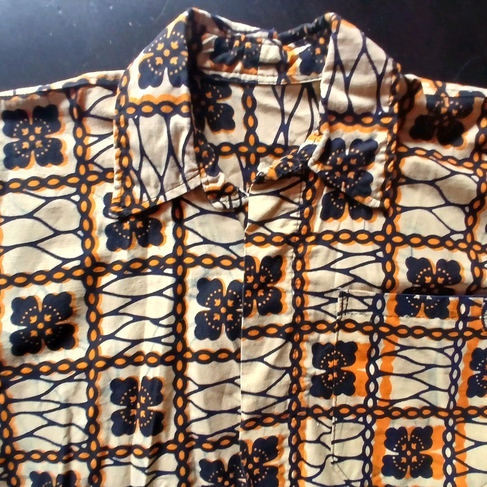 vtg 1960s-70s mens homemade african tweed real wax multicolor print button shirt
