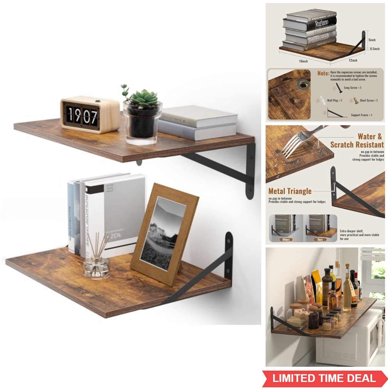Floating Shelves 16 Inch Deep Set of 2 Rustic Wood Wall Mounted Heavy Duty With
