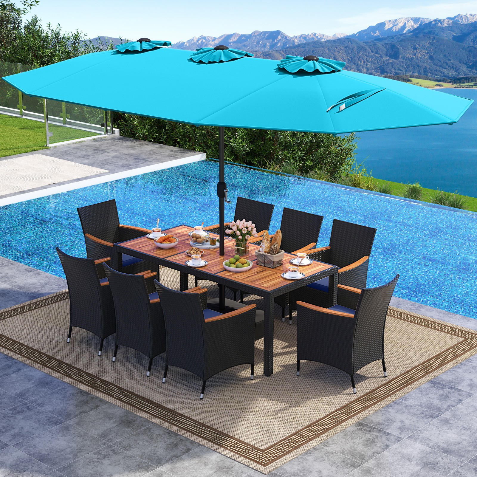 11 PCS Patio Wicker Dining Set w/Double-Sided Outdoor Umbrella 8 Stackable