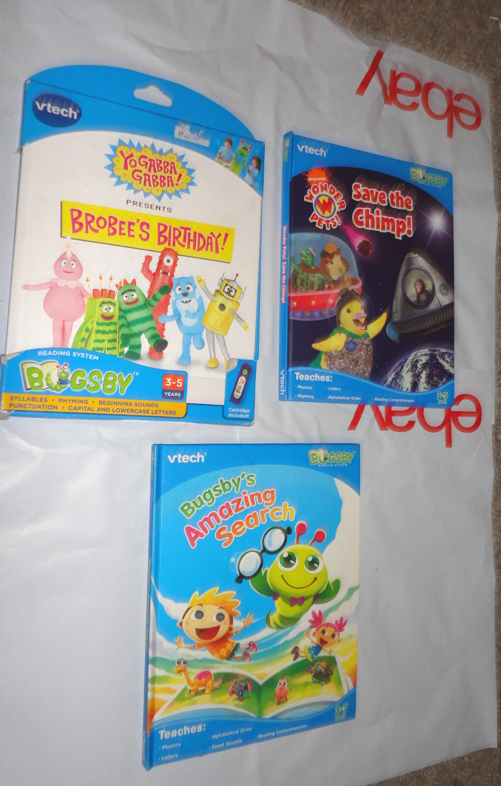 LOT 3 Bugsby Reading System Books, Cartridges  w/ NEW SEALED YO GABBA GABBA