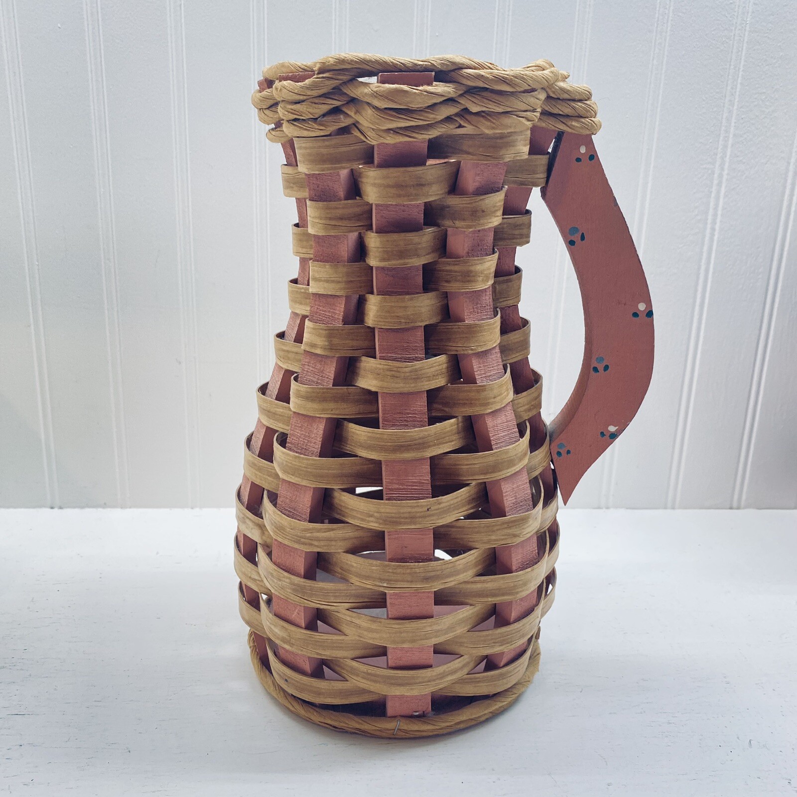 Vintage Wicker Woven Handled Pitcher Basket Vase Brown Pink