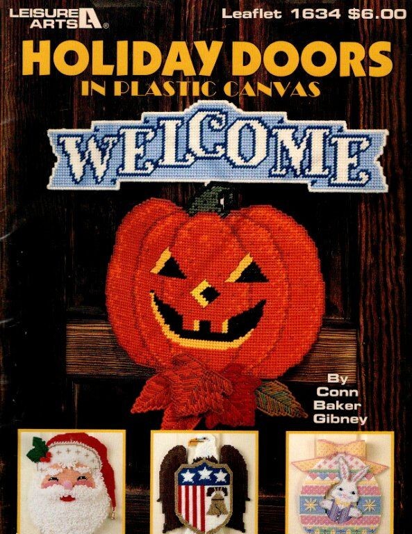 VTG 1995 LEISURE ARTS HOLIDAY DOORS IN PLASTIC CANVAS PUMPKIN, SANTA, EASTER