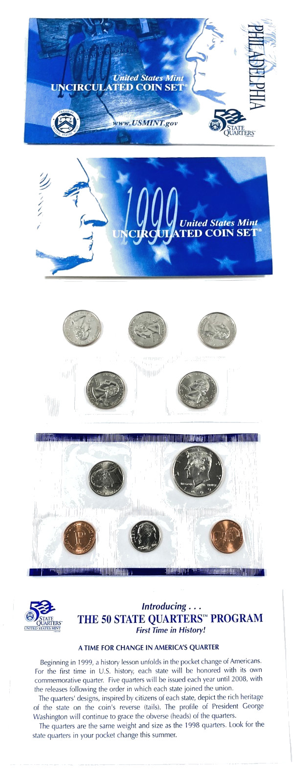 1999 P US Mint Clad Proof Uncirculated 10 Coin Set In OGP/COA 50 STATE QUARTERS
