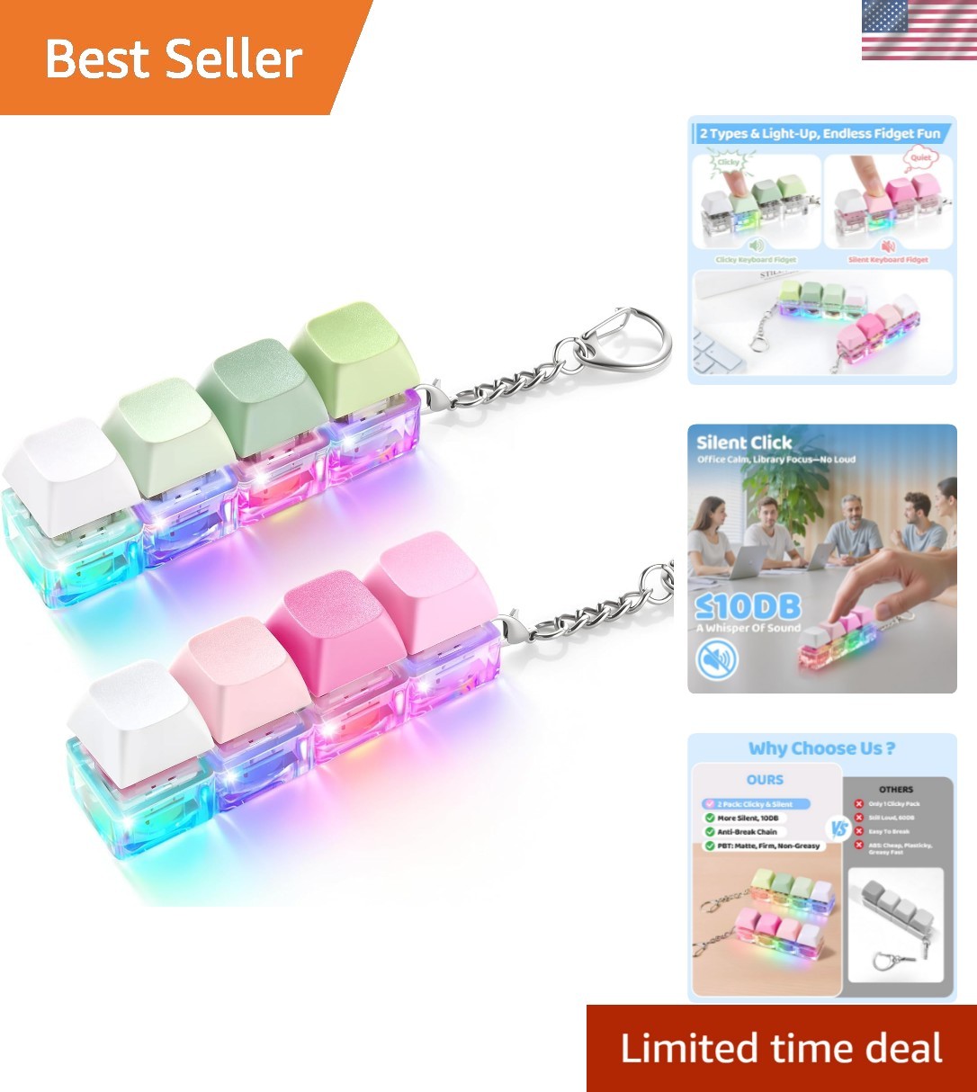 2 Pack Keyboard Fidget Toy Light Up – Clicky & Silent Keyboard Clicker Fidget...