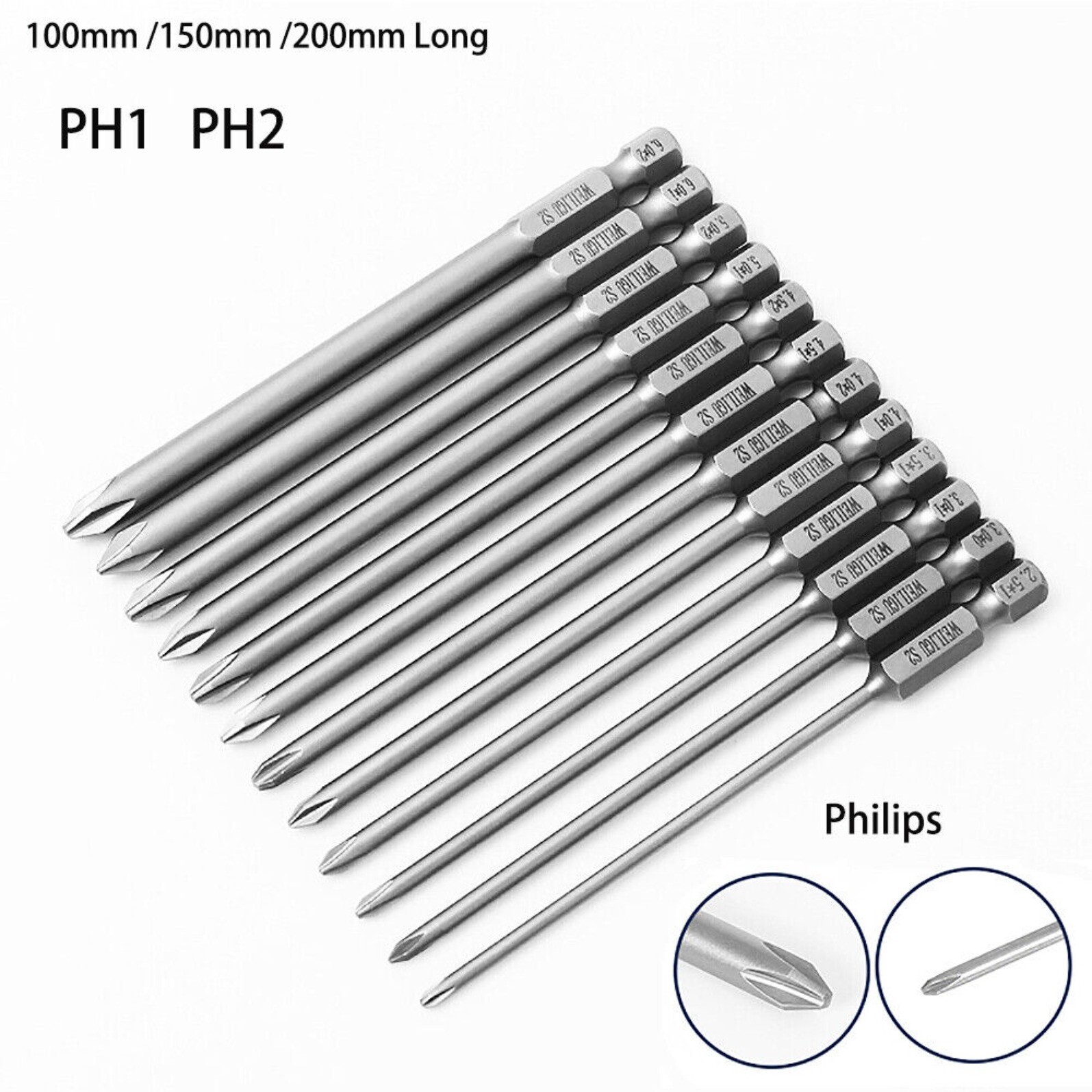 Magnetic PH1 PH2 Phillips Head Screw Bit Extra Long Impact Driver Drill 1/4" Hex