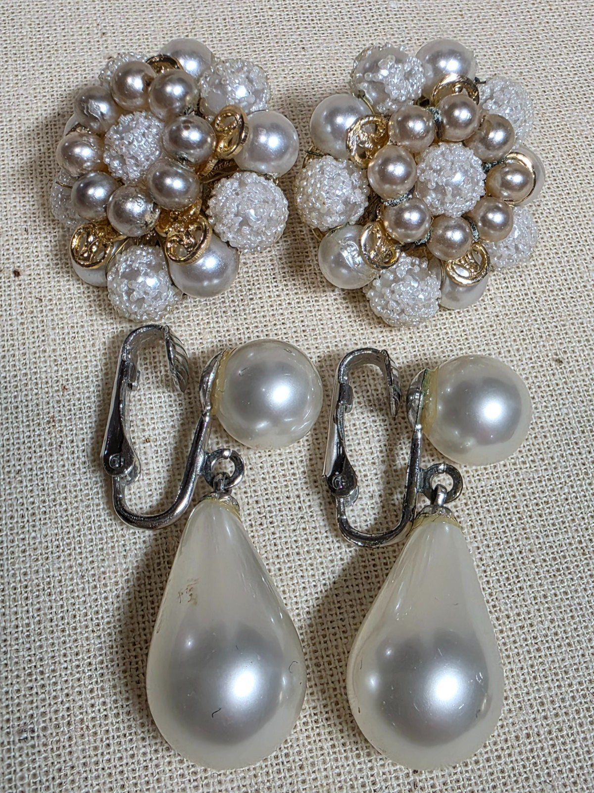 Vintage Clip-on Earrings Two Pair Faux Pearl Marked