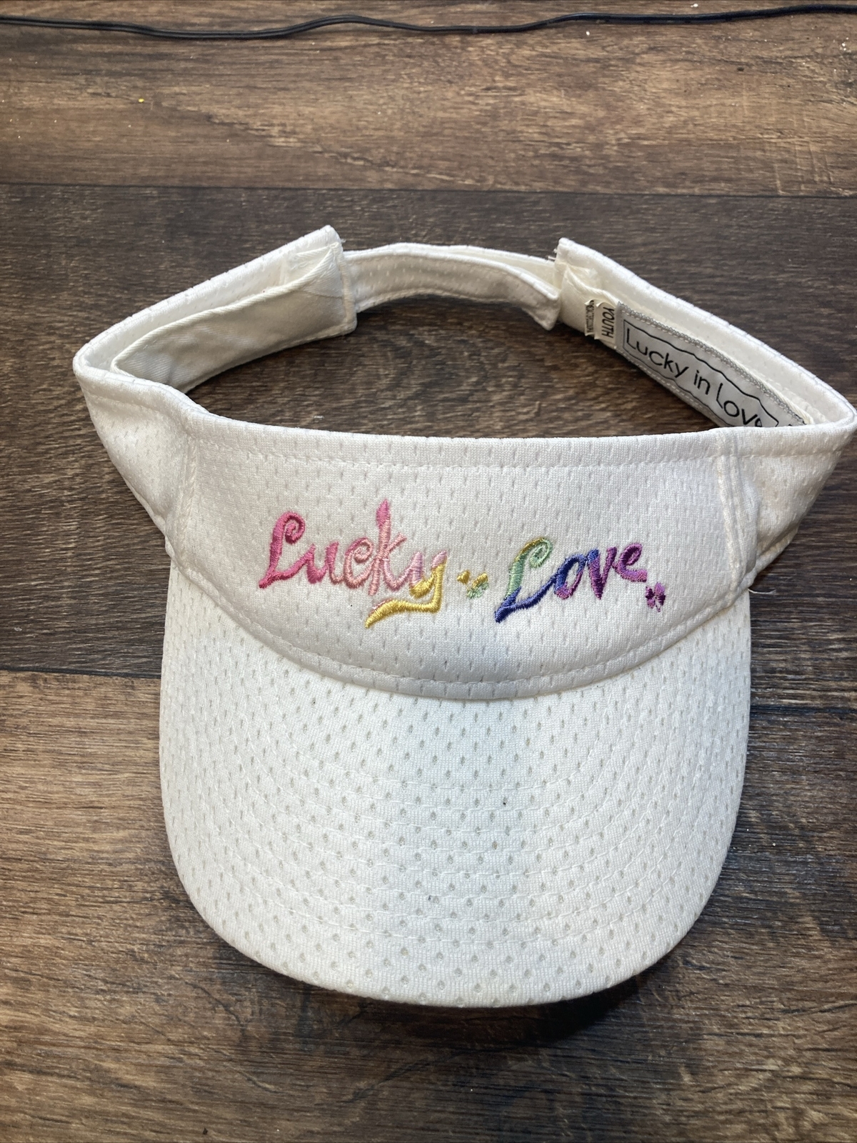Lucky In Love White Rainbow Embroidery Sun Visor Hat Cap Tennis Youth Sport Golf
