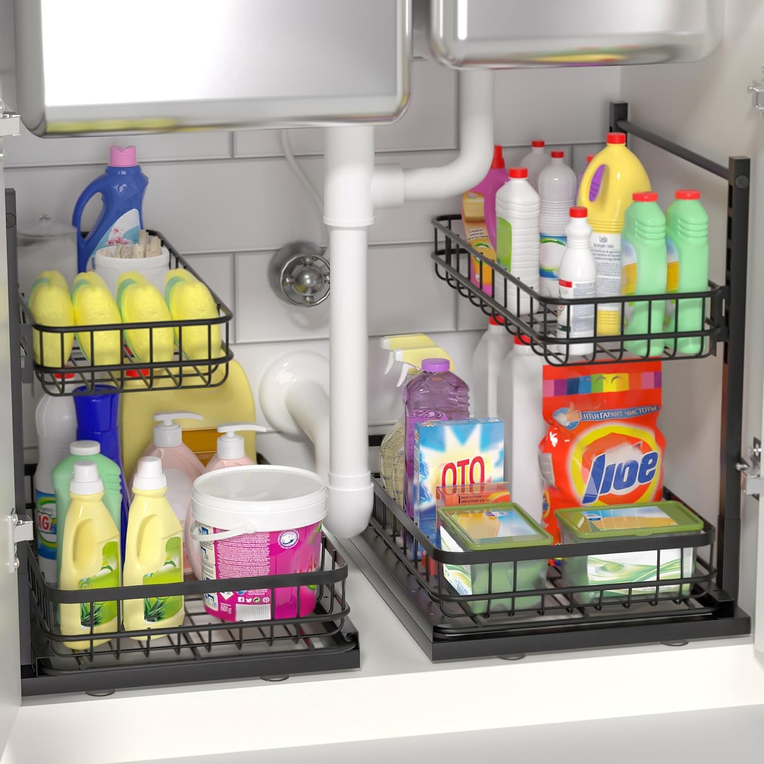 Under Sink Organizer Adjustable Height Pull-Out Kitchen Storage