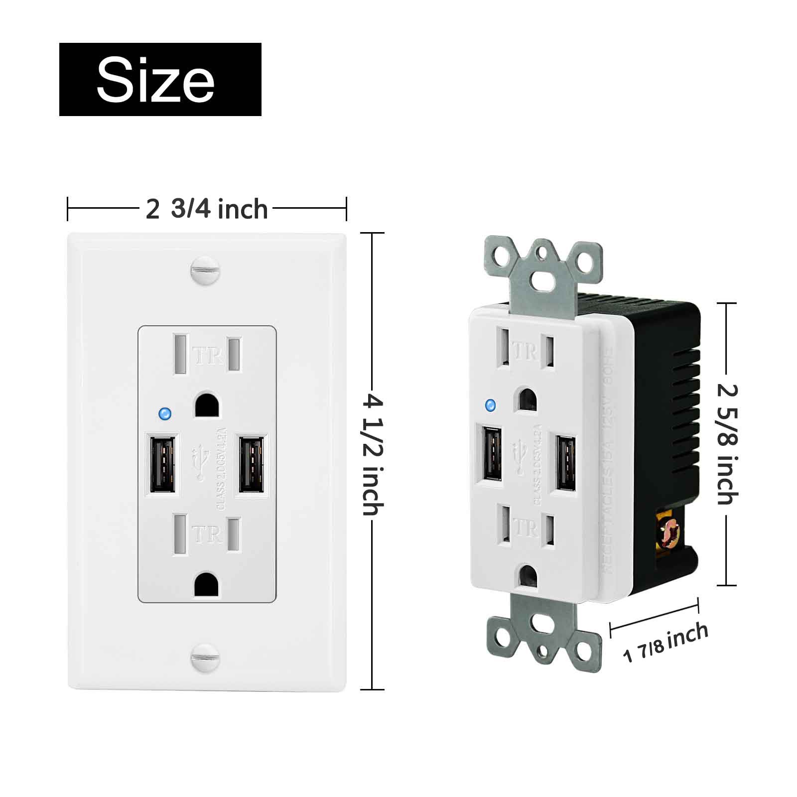 3 x Electrical Socket 4.2A USB White Wall Receptacle with LED Indicator,15A/125V