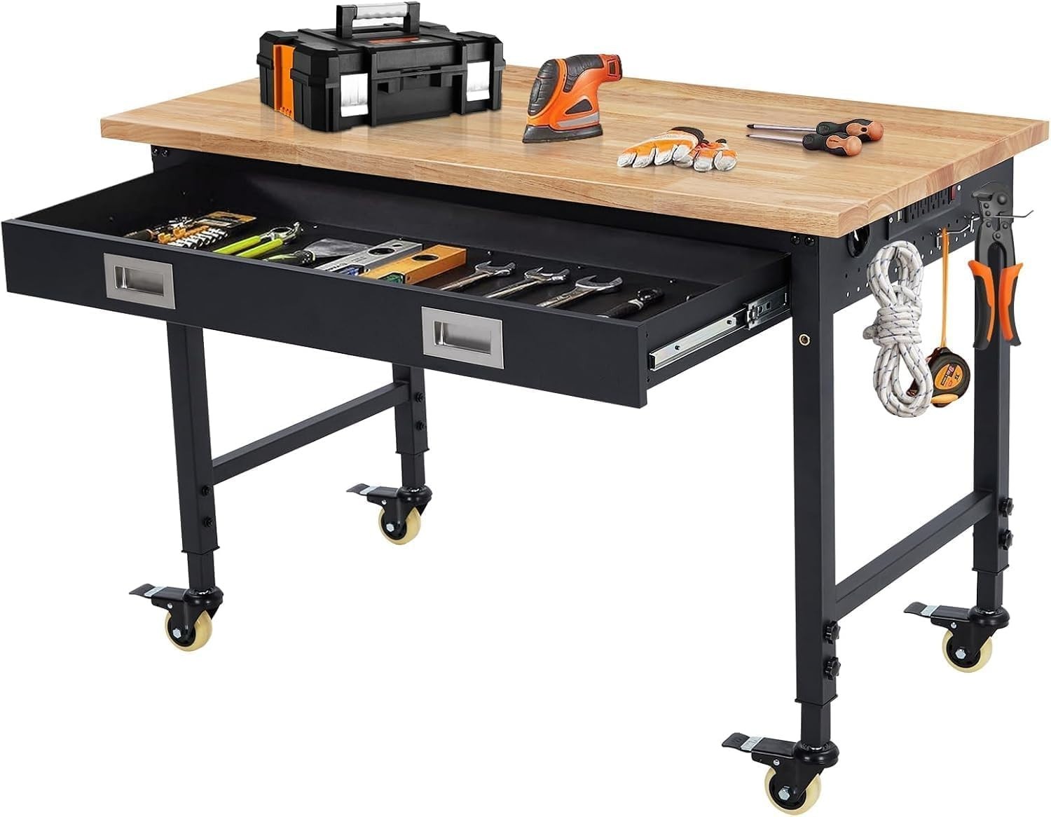 GARVEE Adjustable Workbench 48"x24", 2000lb Capacity Rubberwood Top with Drawer