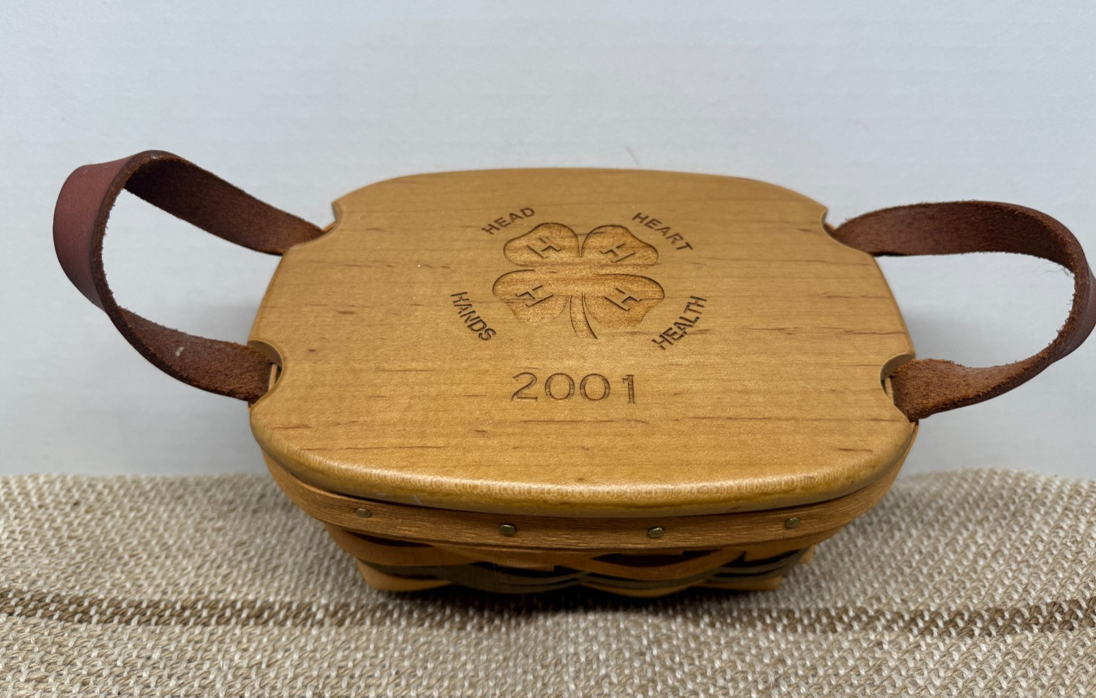 Family Heritage 4H Basket 7"x5” Engraved Wooden Lid 2001 Head Hand Heart Health