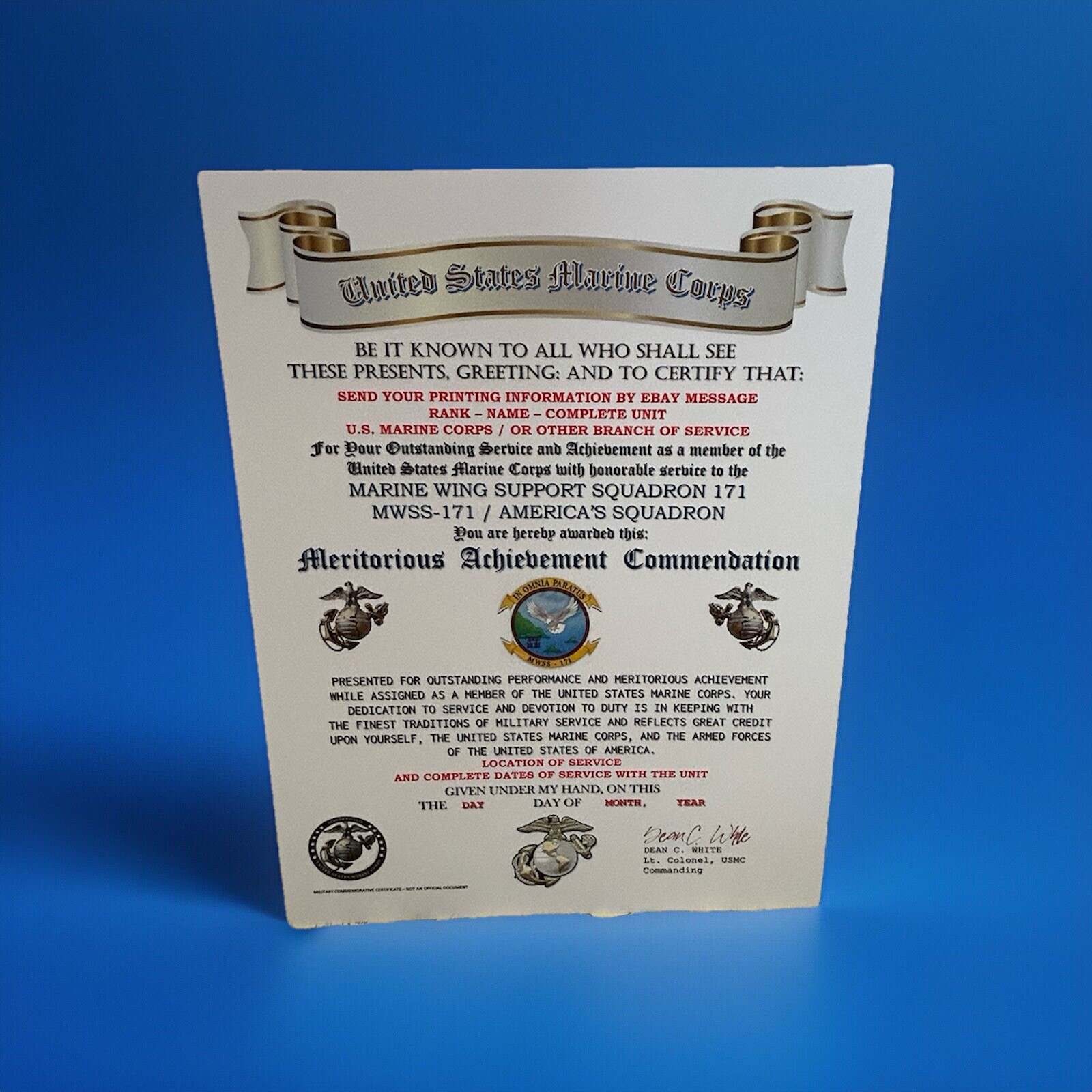 U.S.M.C. / 171ST WING SUPPORT SQUADRON / MERITORIOUS ACHIEVEMENT COMMENDATION