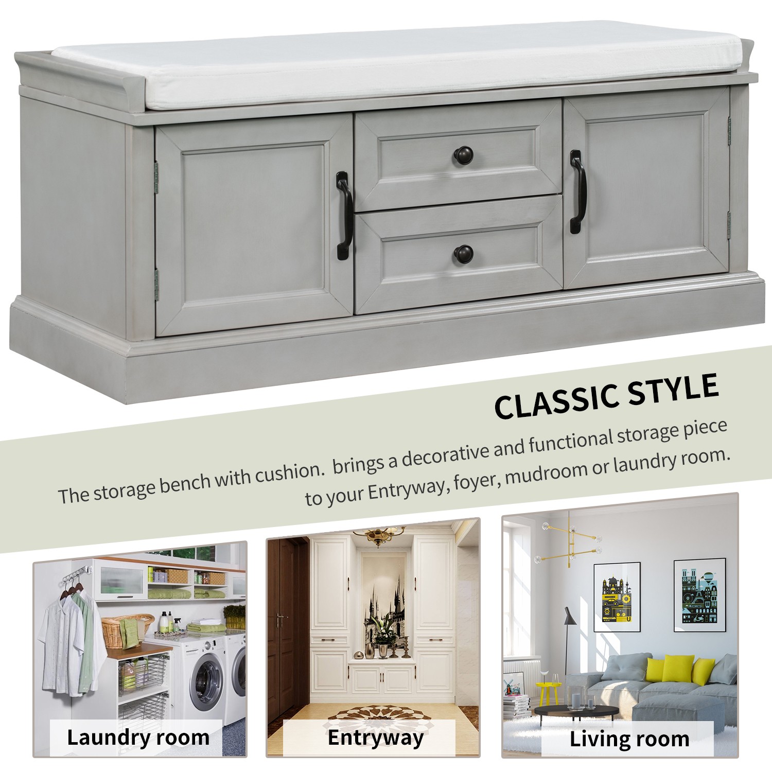 Storage Bench with 2 Drawer & 2 Cabinet, Entryway Shoe Bench w/Removable Cushion
