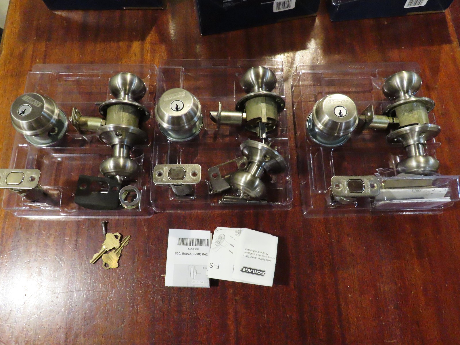 Lot of 3 SCHLAGE KEYED ENTRY DOOR KNOB Combo W/ Deadbolt Satin Nickel Georgian