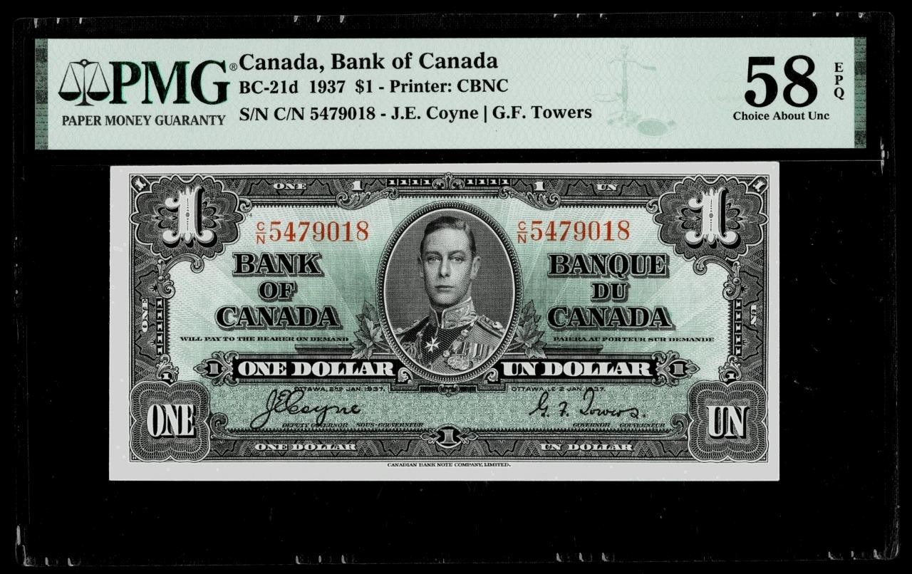 Bank of Canada 1937 $1 Note BC-21d  - PMG AU58 EPQ