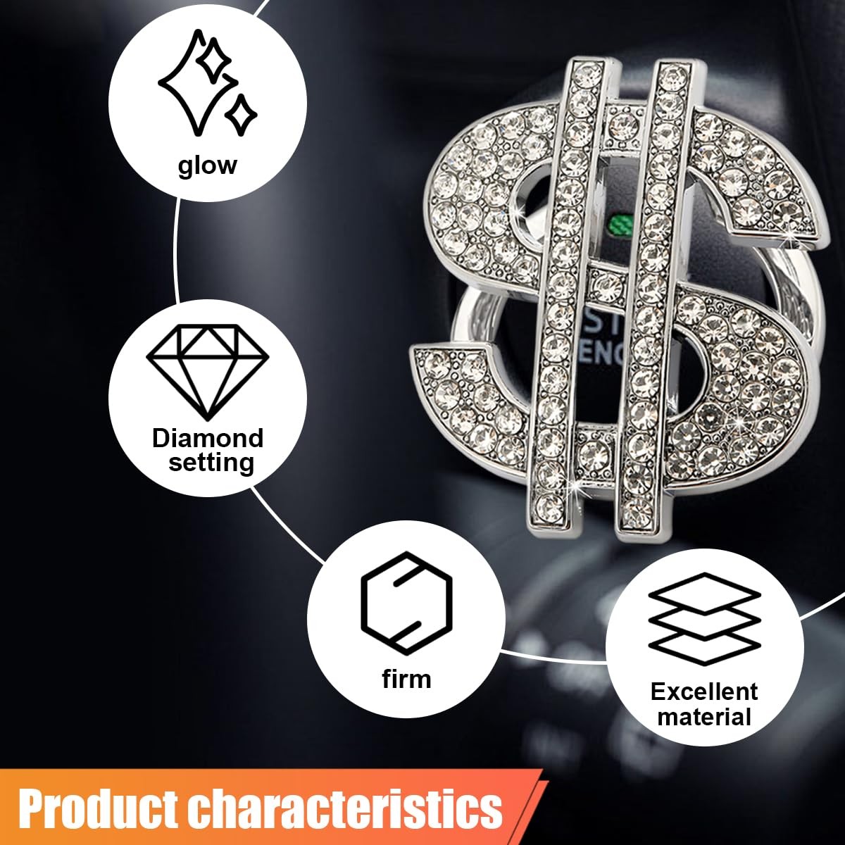 Bling Dollar Car Push Start Button Cover with Rhinestone, Anti-Scratch Engine St